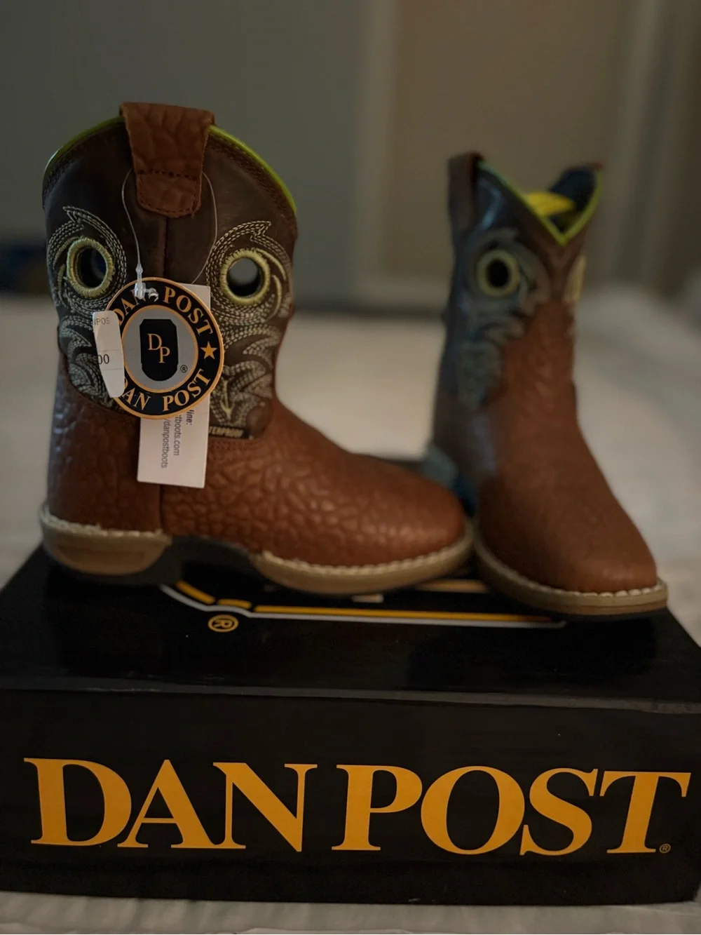 Dan Post Brown Kids Western Boots with Yellow Trim
